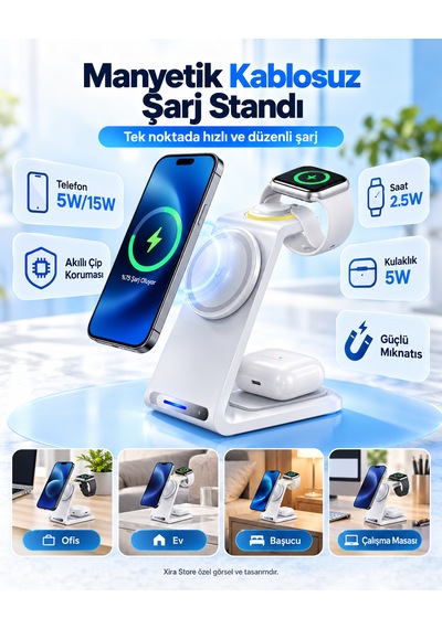 3 Ü 1 Arada Manyetik Kablosuz Şarj Standı 15w Hızlı Şarj, Telefon + Akıllı Saat + Kulaklık