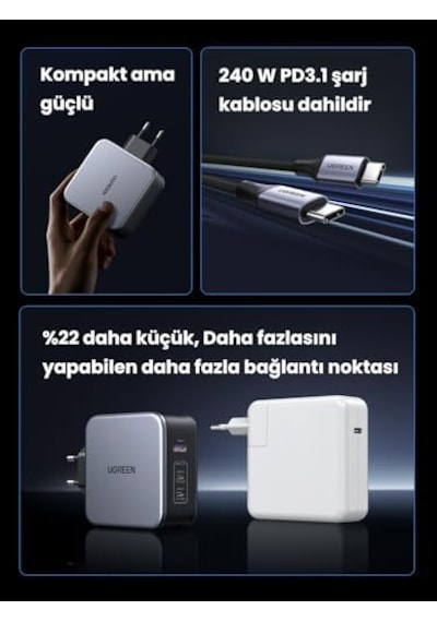 Nexode 140w Usb Type-c Qc 4.0 Pd 3.1 Gan 3 Portlu Hızlı Şarj Cihazı