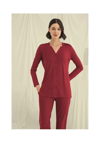 L'ombre Uzun Kollu Boydan Düğmeli V Yaka Pijama Takımı Kırmızı