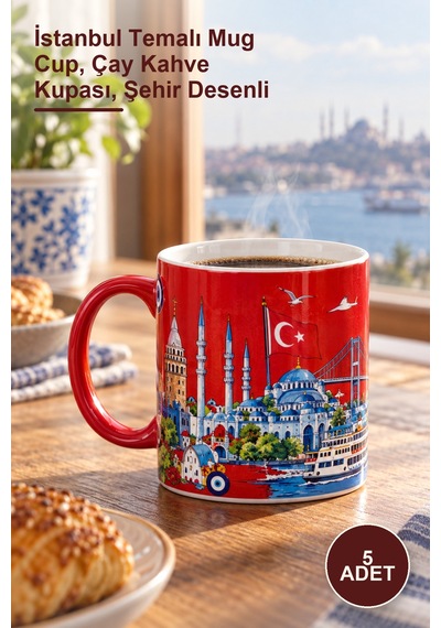 5 Adet Porselen Kupa Bardak İstanbul Temalı Mug Cup, Çay Kahve Kupası, Şehir Desenli