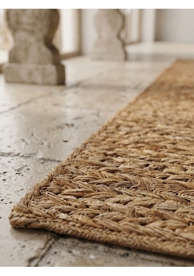 Hbs Art Design Doğal Dokuma Jüt Halı - El Örgüsü Dekoratif Hasır Kilim Açık Kahverengi