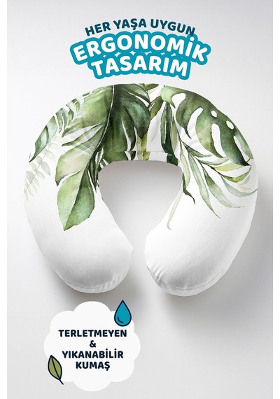 Yeşil Tropikal Yaprak Desenli Boyun Yastığı - Doğal Beyaz Zemin Yumuşak Seyahat Yastığı Canlı Kumlu Kömür