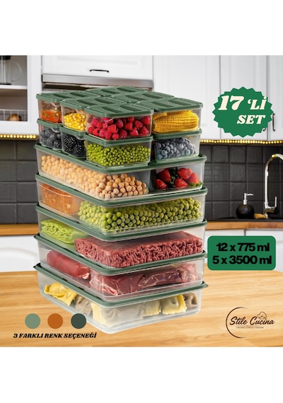 17'li Buzdolabı Düzenleyici Organizeri Mikrodalgaya Uygun Difriz Saklama Kabı 5x3500ml 12x775ml Yeşil