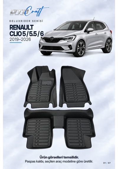 Otocraft Renault Clio 5 / 5.5 / 6 2019-2026 Araca Özel Deluxrider Lüks Havuzlu Paspas 3 Parça