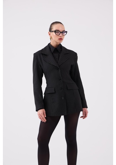 Holly Lolly Belden Oturmalı Çizgili Fit Kesim Karen Blazer Ceket Siyah
