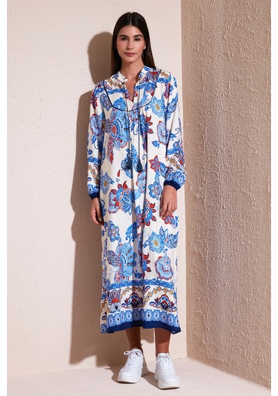 Lela Modest Desenli Regular Fit Bağlamalı V Yaka Maxi Bayan Elbise 611El510 Lacivert