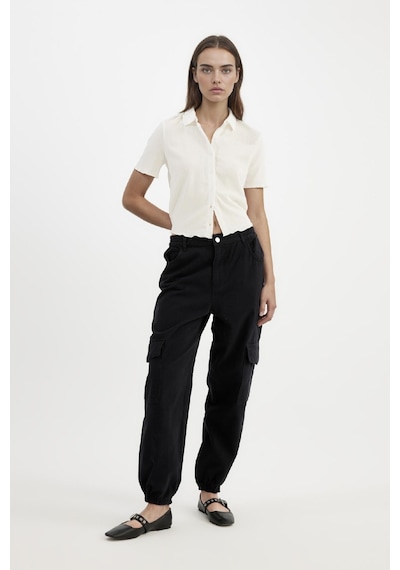 Defacto Jogger Gabardin Pantolon Normal Bel Basıc Kargo Cepli B0454AX23AU Siyah