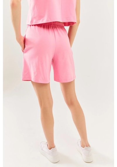 Rahat %100 Pamuklu Penye Beli Lastikli Bel Cepli Kısa Trendy Kadın Şort Pembe