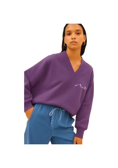 Benroma Dağ Baskılı Ünisex V Yaka Sweatshirt Mor