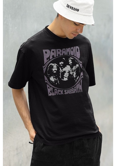 Paranoid Black Sabbath Baskılı Unisex Oversize Tişört Siyah