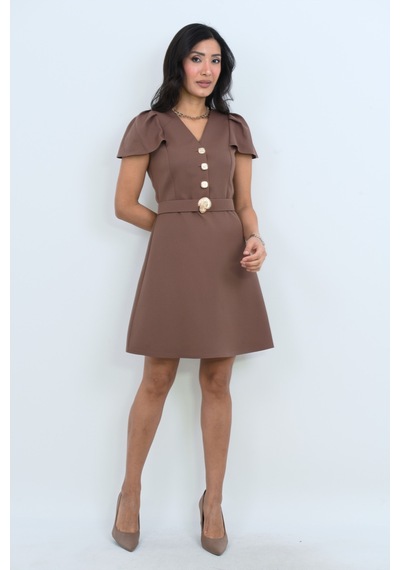 Dorne Moda Düğme Detaylı Kemerli Mini Elbise Kahverengi Kahverengi