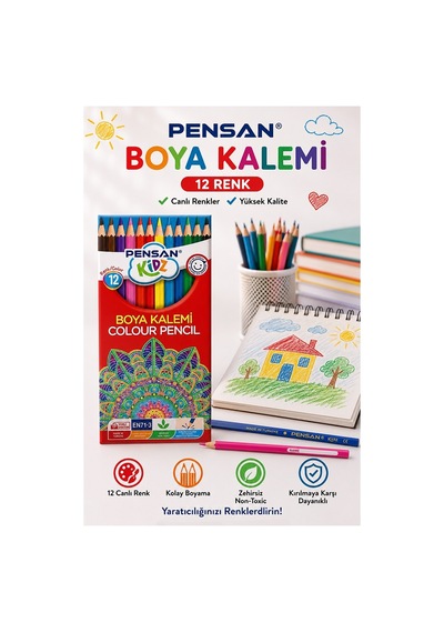 12 Li Kuru Boya Kalemi Karton Kutu 1 Paket Pensan 12 Renk Kuruboya Tam Boy Canlı Renkli Boya Kalem Okul Öğrenci Çok Renkli