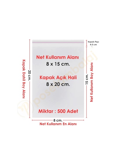 8x15+5 Cm. 8x20 500 Adet Şeffaf Bantlı Yapışkanlı Opp Poşet