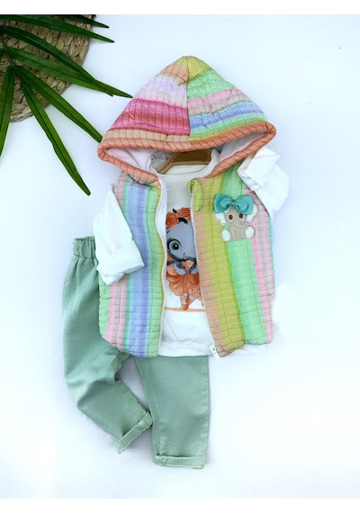 9-12-18-24 Ay Kapşonlu Fermuarlı Gökkuşağı Şişme Yelek Sweat Pantolonlu 3lü Kız Erkek Bebek Takımı 001