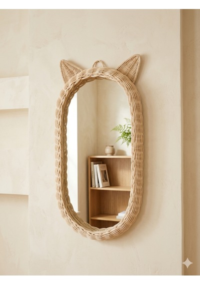 Rattan Bambu Çocuk Odası Kedi Kulaklı Boy Aynası 30x60 Ekru