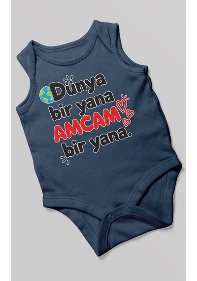 Morivokids Dünya Bir Yana, Amcam Bir Yana Sıfır Kollu Bebek Zıbını %100 Pamuk Lacivert