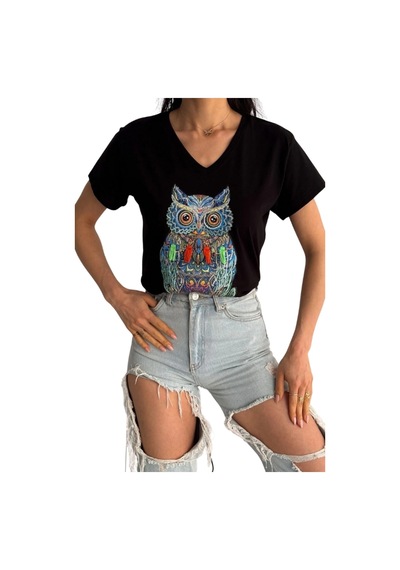 Cassime Kadın Siyah Baykuş Desenli Pul Payet İşlemeli Büyük Beden %100 Pamuk Tişört Xl-2xl-3xl Cassime Kadın Siyah Baykuş Desenli Pul Payet İşlemeli Büyük Beden %100 Pamuk Tişört Xl-2xl-3xl