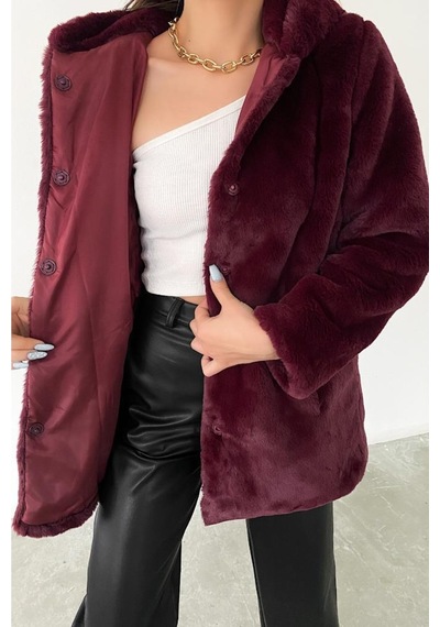 Femelle Kadın Bordo Astarlı Peluş Kapüşonlu Kürk Kaban Mont Kürk