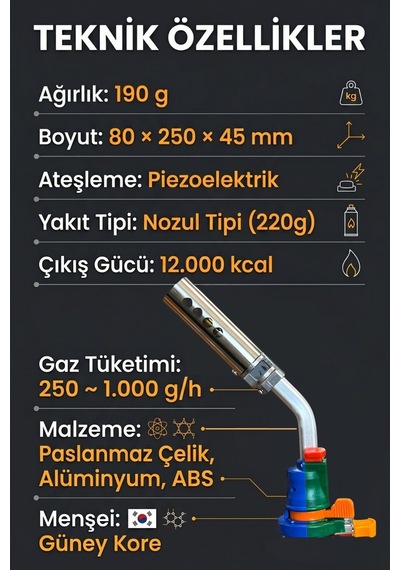 Kıng Profesyonel Multifonksiyonel Otomatik Gaz Pürmüz Başlık Torch Tkt-205 Mavi - Turuncu