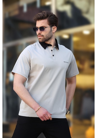 Madmext Boyalı Gri Düğmeli Polo Yaka Erkek T-shirt E7119 Boyalı Gri