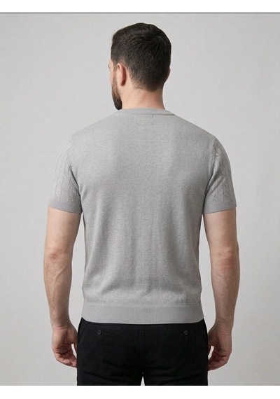 Erkek Yazlık Triko Dokuma Tişört Kısa Kol Bisiklet Yaka Örgü Desenli T-shirt - Gri