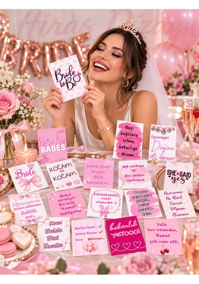 Hiras Dizayn Pembe Bride Motto Kartları 18 Adet Bekarlığa Veda Nedime Fotoğraf Seti