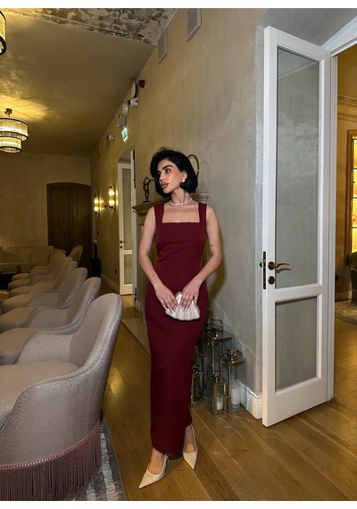 Meecy Kadın Uzun Yırtmaçlı Elbise Bordo Bordo