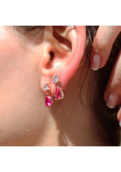 Pembe Zirkon Taşlı Damla Rose Gold Kaplama Gümüş Küpe Gümüş
