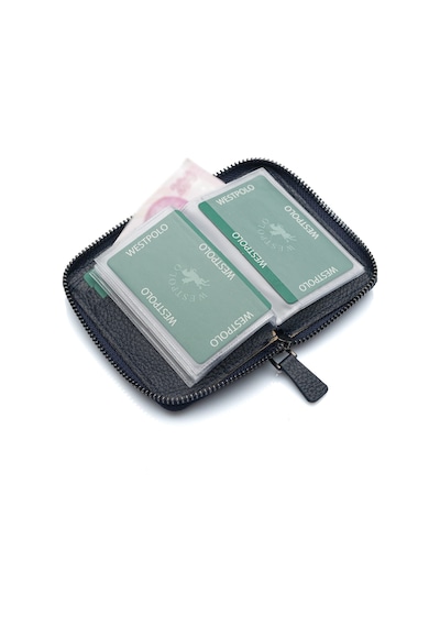 Westpolo Hakiki Deri Bol Şeffaf Kart Bölmeli Fermuarlı Unisex Cüzdan - Lacivert Lacivert