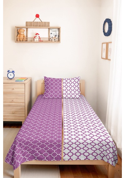 Mor Geometrik Dekoratif Pike Takımı - Lila Beyaz Kapitone Yatak Örtüsü Seti Tek Kişilik 160x220 Cm Kadife Koru Havası