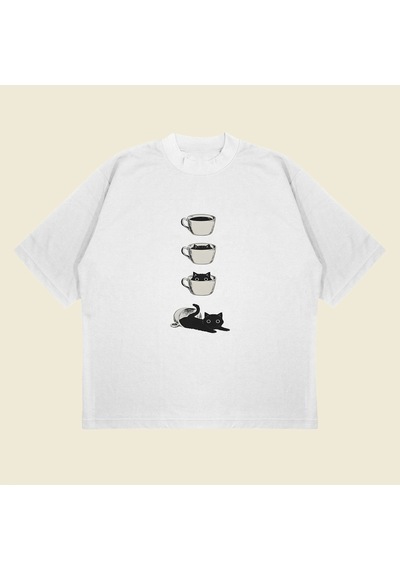 Startmore Coffee Cat Baskılı Oversize Unisex Pamuklu Nefes Alan Kalın Kumaşlı Beyaz