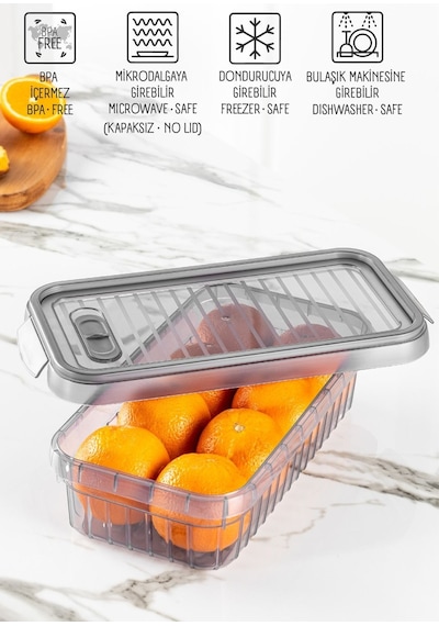 Vienev 3lü Kendinden Çizgili Kilitli Kapaklı Saklama Kabı Seti 2 Litre Antrasit