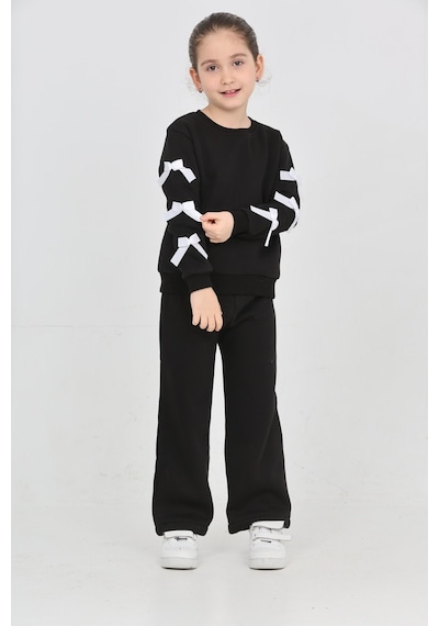 Erdem Kıds Kız Çocuk 3 İplik Şardonlu Kurdele Detaylı Basic Sweatshirt-bol Kesim Palazzo Eşofman Takım Siyah Siyah