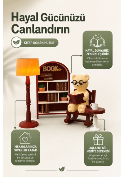 Kitap Okuyan Ayıcık Ve Kütüphane Biblo Seti - Kahve Köşesi Ve Masa Üstü Işıklı Mini Dekoratif Lambader Seti 11x15 Cm