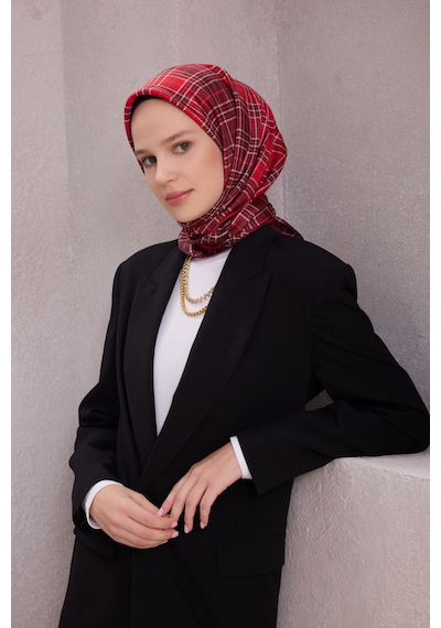 BELLİ Ekose Desen İpek Twill Eşarp 4218d01 Kırmızı - 85