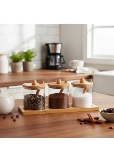 Bambu Standlı 3'lü Cam Baharatlık Seti Açık Bej
