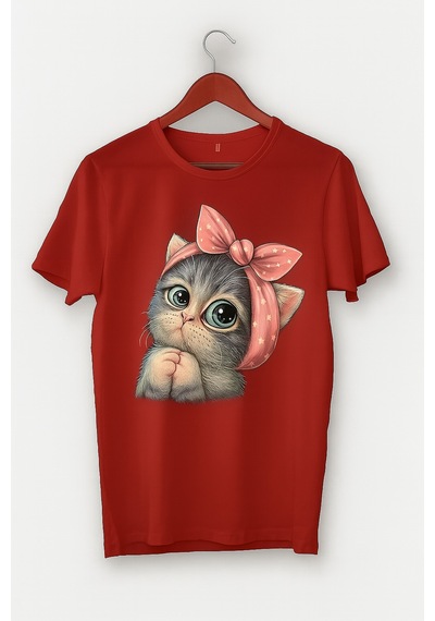 Sevimli Kedi Baskılı Oversize T-shirt Kirmizi