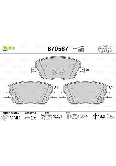 VALEO 670587 Ön Disk Fren Balatası Fiat Egea 1.3 Mjtd 16V 10.15 Tipo1.6 Mjtd 16V 05.16