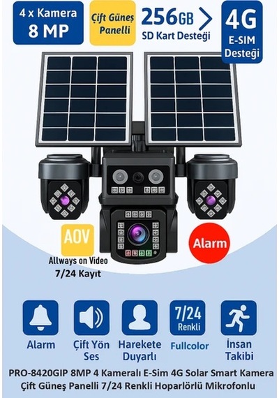 Balandı Pro-8420gıp 8mp 4 Kameralı 4g Aov Esım Solar Kamera
