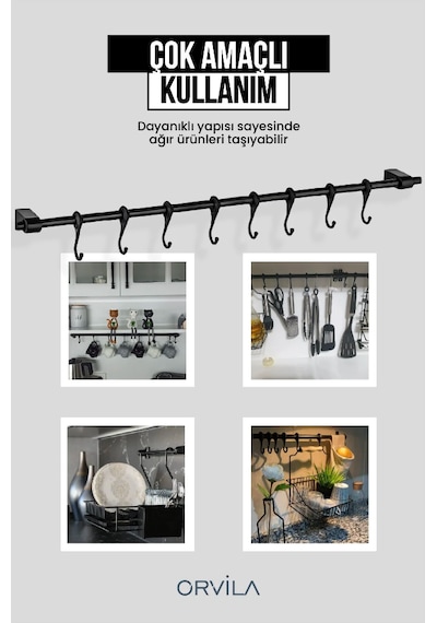 Siyah Metal Mutfak Ve Banyo Askısı Çok Amaçlı 8 Kancalı Askı Demiri Maxi 72 Cm
