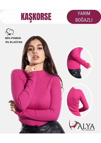 Alya Underwear Kaşkorse Yarım Boğaz Body Sweatshirt, Fitilli Kumaş, Likralı, Bordo Fuşya Melanj