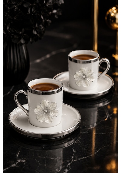 2 Li Gümüş Yaldızlı Porselen Lotus Çiçek Kahve Fincan Takımı 100ml