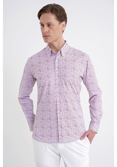 Slim Fit Pamuklu Baskılı Desen Yaka Düğmeli Bordo Gömlek G 1603