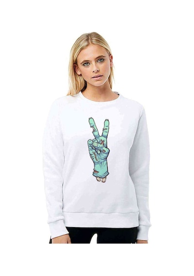 Zombie Peace Baskılı Beyaz Kadın Sweatshirt