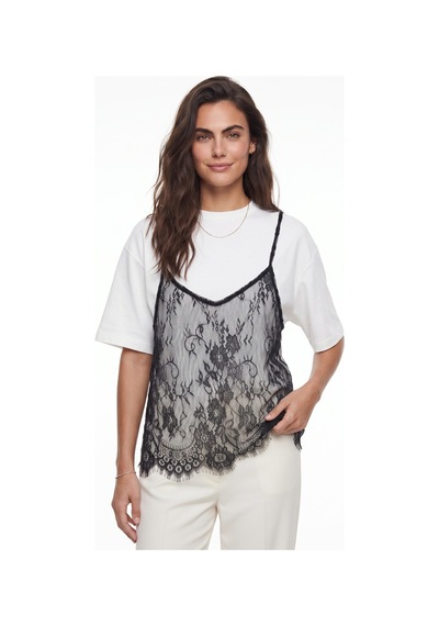 Onloox Kadın Beyaz Beyaz Yumuşak Dokulu Bisiklet Yaka Kısa Kollu Rahat Kesim Dantel Detaylı Katmanlı T-shirt