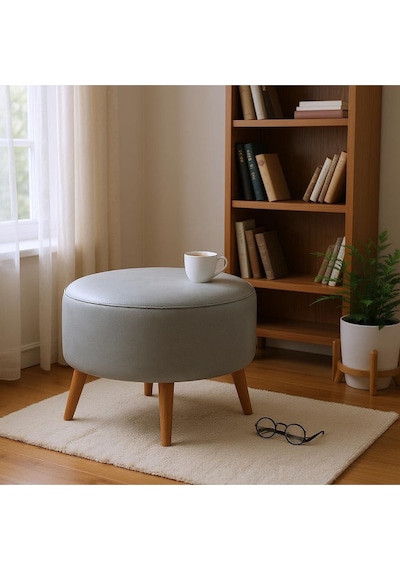Azra Mobilya Gri Yuvarlak Deri Puf 60 Cm Çap, 46 Cm Yükseklik, Modern Ceviz Ayaklı Gri