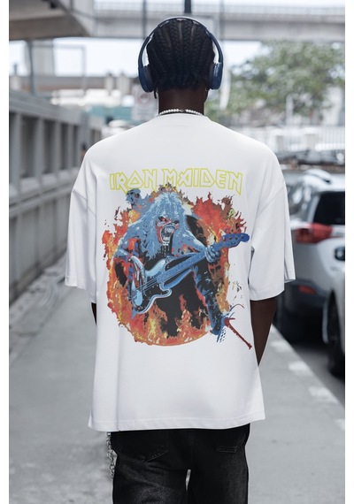 Tasarım Iron Maiden Müzik Grubu Sırt Baskılı Unisex Oversize Rock Beyaz
