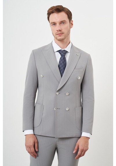 Morven Erkek Gri Polyamide Trend Kruvaze Slim Fit Sivri Yaka Takım Elbise 24ys001004100 Gri