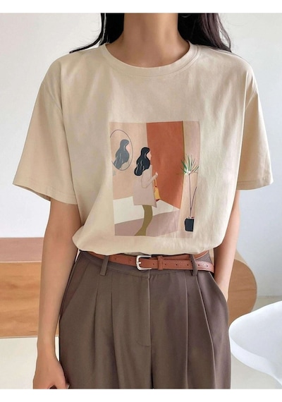 Kadın Bej Kadın Figür Baskılı Oversize Bisiklet Yaka T-shirt 001