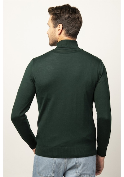 Tudors Slim Fit Dar Kesim Tam Boğazlı Yaka Düz Yün Erkek Kazak-25723 Yeşil